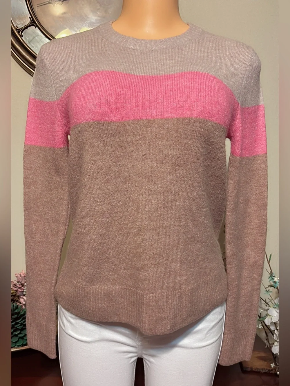 Old Navy Taupe and Pink Crewneck Colorblock Sweater